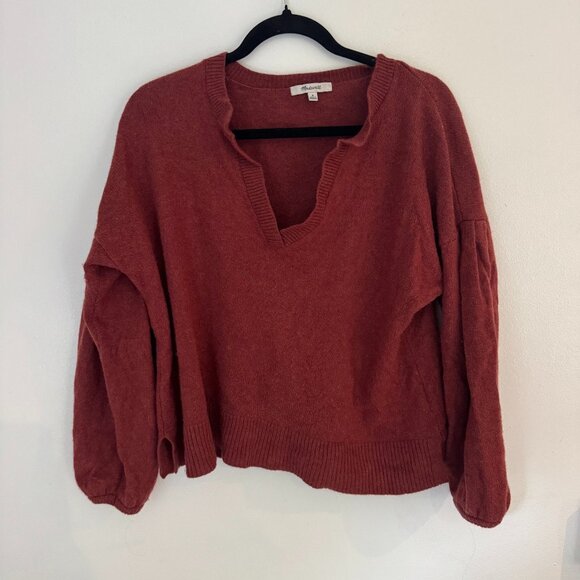 Madewell Wool/Cotton blend orange v neck cozy Size Medium Sweater Balloon Sleeve - Picture 1 of 5